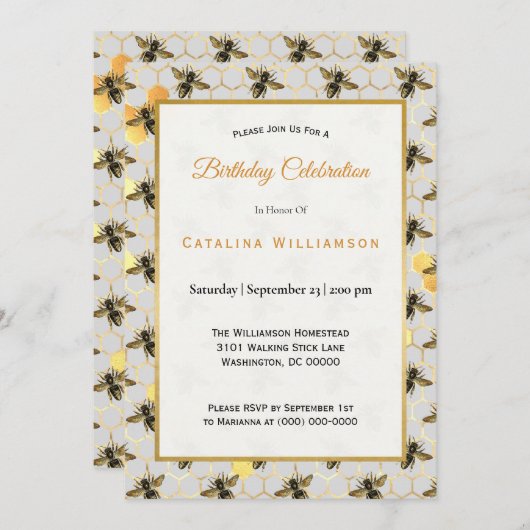 シック金ゴールド蜂ハニカム誕生日 招待状 (正面/裏面)
