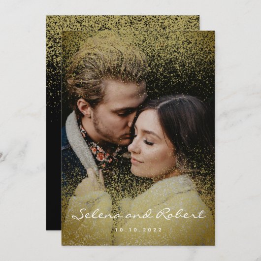 シック金ゴールド金ゴールドグリッターオーバーレイフォト結婚ズ 招待状 (正面/裏面)