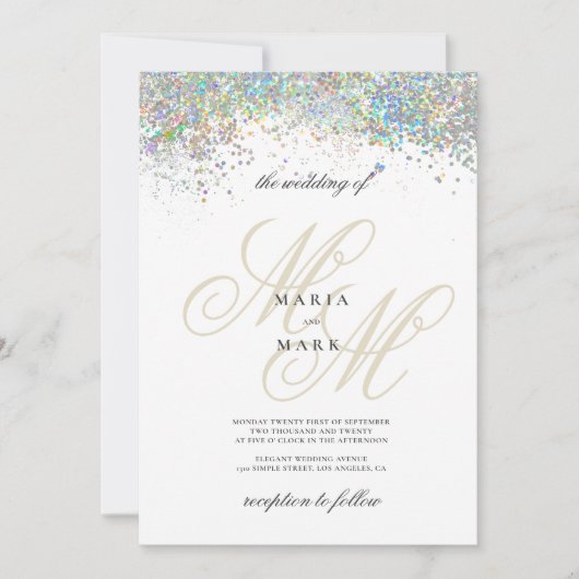 シック金ゴールド銀グリッターモノグラムイニシャル結婚ズ 招待状 (正面)