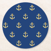 シック金ゴールド黄航海のいかりパターン青 ラウンドペーパーコースター (正面)