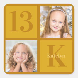 シック金ゴールド2フォトコラージュカスタム誕生日パーティー スクエアシール