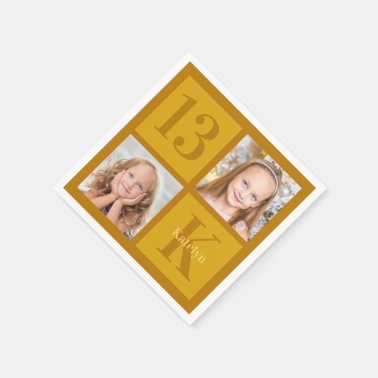 シック金ゴールド2フォトコラージュカスタム誕生日パーティー スタンダードカクテルナプキン (角)