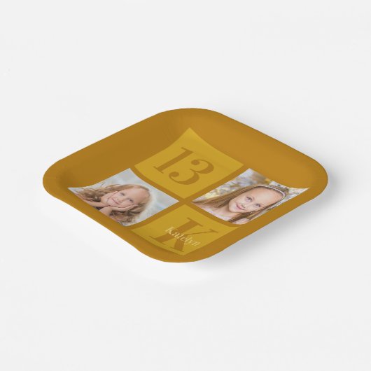 シック金ゴールド2フォトコラージュカスタム誕生日パーティー ペーパープレート (傾斜あり)