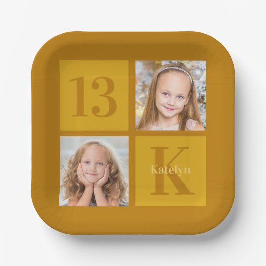 シック金ゴールド2フォトコラージュカスタム誕生日パーティー ペーパープレート (正面)