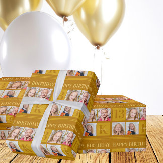 シック金ゴールド4フォトコラージュカスタム誕生日パーティー ラッピングペーパー