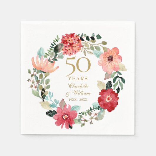 シック金ゴールド50周年結婚フローラガーランド スタンダードカクテルナプキン (正面)