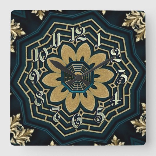 シック金ゴールド&グリーンアジアスタイル スクエア壁時計 (正面)