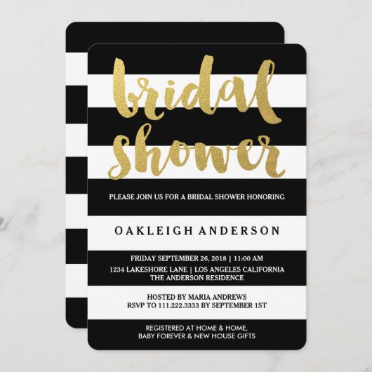 シック金ゴールド |ブラックはっきりしたブライダルシャワーストライプ招待状 招待状 (正面/裏面)