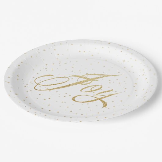 シック金ゴールド&ホワイトジョイスパークルスクリスマスホリデー ペーパープレート (アングル)