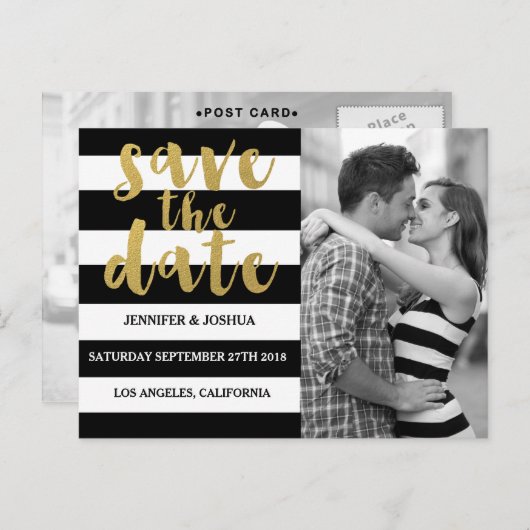 シック金ゴールド |黒はっきりしたいストライプ写真日付の保存 案内ポストカード (正面/裏面)