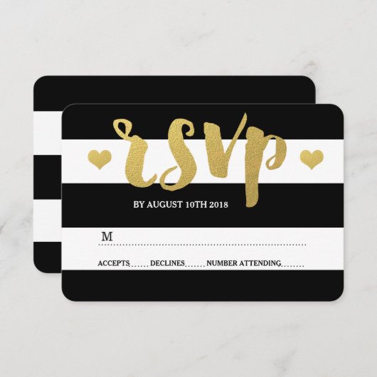 シック金ゴールド |黒はっきりしたいストライプRSVPカード 出欠カード (正面/裏面)