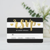 シック金ゴールド |黒はっきりしたいストライプRSVPカード 出欠カード (スタンド正面)