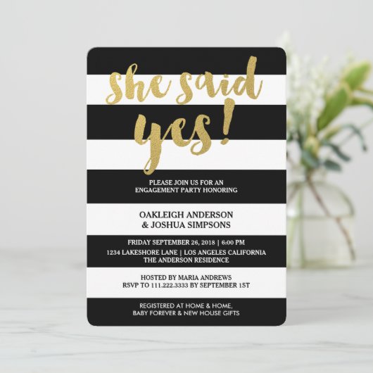 シック金ゴールド |黒はっきりした色のストライプ婚約パーティ 招待状 (スタンド正面)