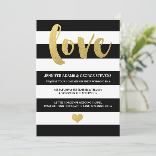 シック金ゴールド |黒はっきりした色のストライプ結婚式招待状 招待状 (スタンド正面)