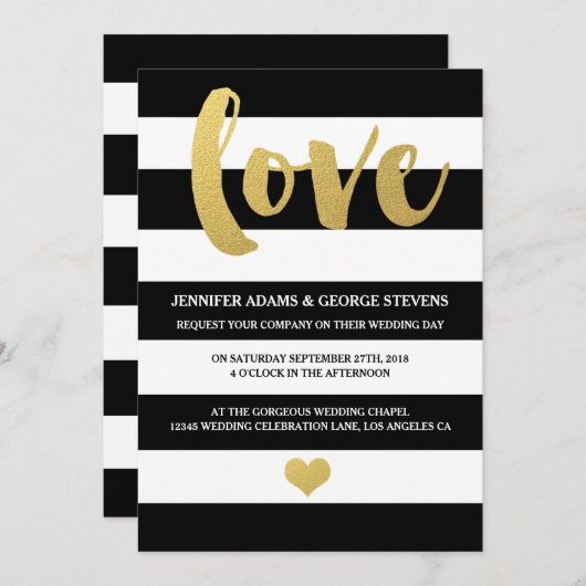 シック金ゴールド |黒はっきりした色のストライプ結婚式招待状 招待状 (正面/裏面)