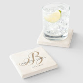 シック金ゴールドBモノグラム結婚スクリプト名の日付 ストーンコースター (横)