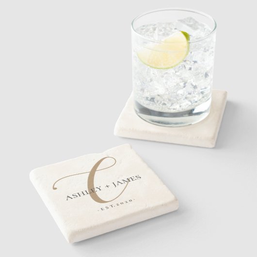 シック金ゴールドCモノグラム結婚スクリプト名の日付 ストーンコースター (横)