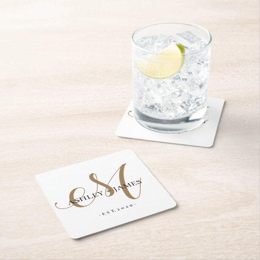 シック金ゴールドMモノグラム結婚スクリプト名の日付 スクエアペーパーコースター (インサイチュ)
