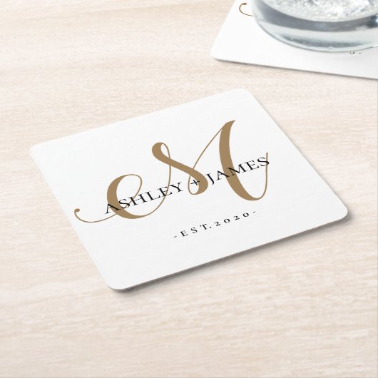 シック金ゴールドMモノグラム結婚スクリプト名の日付 スクエアペーパーコースター (アングル)