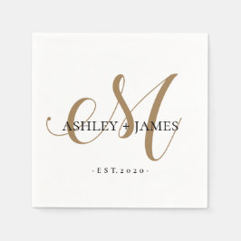 シック金ゴールドMモノグラム結婚スクリプト名の日付 スタンダードカクテルナプキン