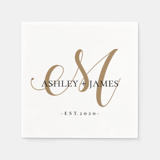 シック金ゴールドMモノグラム結婚スクリプト名の日付 スタンダードカクテルナプキン (正面)