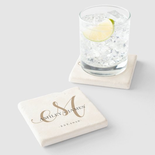 シック金ゴールドMモノグラム結婚スクリプト名の日付 ストーンコースター (横)
