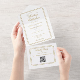 シック金ゴールドQRコードアールデコモノグラム結婚ズ オールインワン招待状