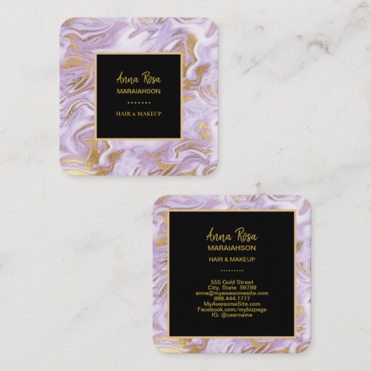 *~*シック金箔モダン静脈ラベンダー大理石 スクエア名刺 (正面/裏面)
