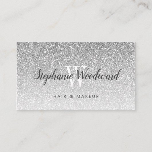 シック銀グラデーショングリッターモノグラムヘアサロン 名刺 (正面)