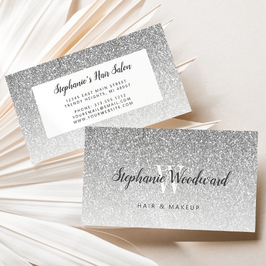 シック銀グラデーショングリッターモノグラムヘアサロン 名刺