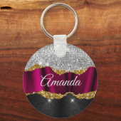 シック銀フェイクグリッター明るい赤紫色ブラックモノグラム キーホルダー (正面)