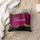 シック銀フェイクグリッター明るい赤紫色ブラックモノグラム クッション (ブランケット)