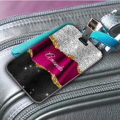 シック銀フェイクグリッター明るい赤紫色ブラックモノグラム ラゲッジタグ