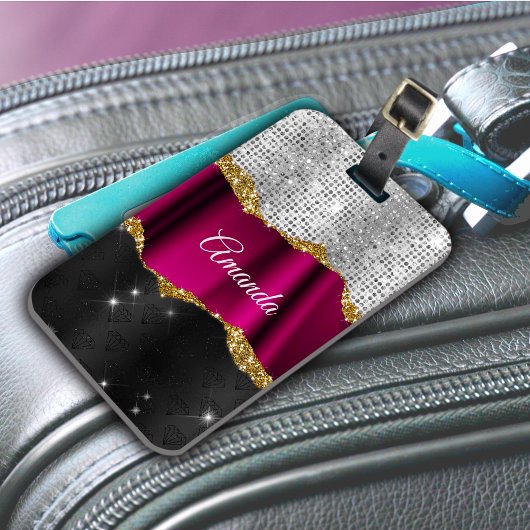 シック銀フェイクグリッター明るい赤紫色ブラックモノグラム ラゲッジタグ