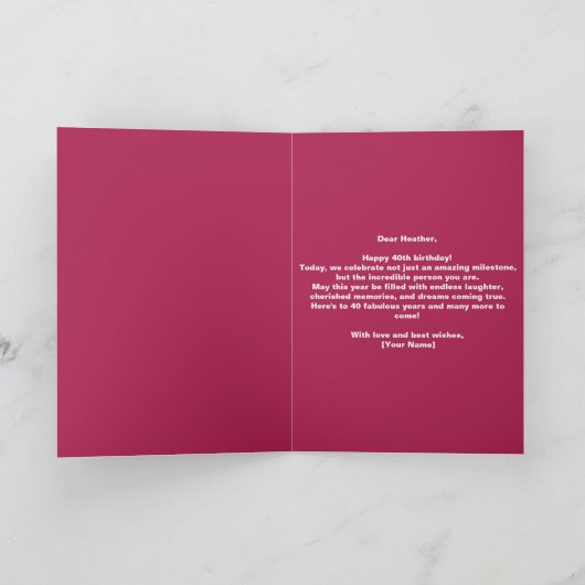 シック鮮やかスタイリッシュネオンピンク40歳の誕生日 カード (内部)