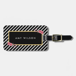 シック黒ストライプ色フローラバッグラベル ラゲッジタグ