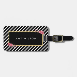 シック黒ストライプ色フローラバッグラベル ラゲッジタグ