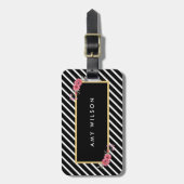 シック黒ストライプ色フローラバッグラベル ラゲッジタグ (正面縦)