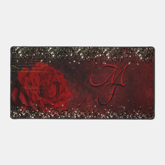 シック黒赤金ゴールドグリッター花モノグラムノートボ デスクマット (正面)