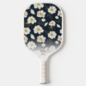 シック黒金ゴールドホワイトフローラルパターンカスタム文字 ピックルボールラケット (正面)