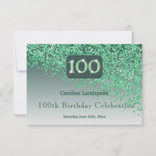 シック100誕生日グリーングリッターRSVP 出欠カード (正面)