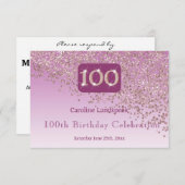 シック100誕生日バラ金ゴールドグリッターRSVP 出欠カード (正面/裏面)