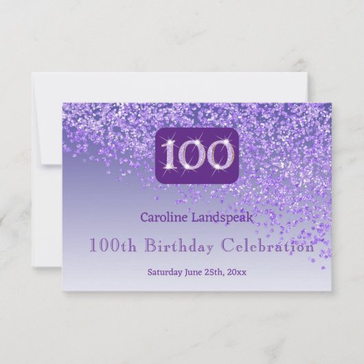 シック100誕生日パープルグリッターRSVP 出欠カード (正面)
