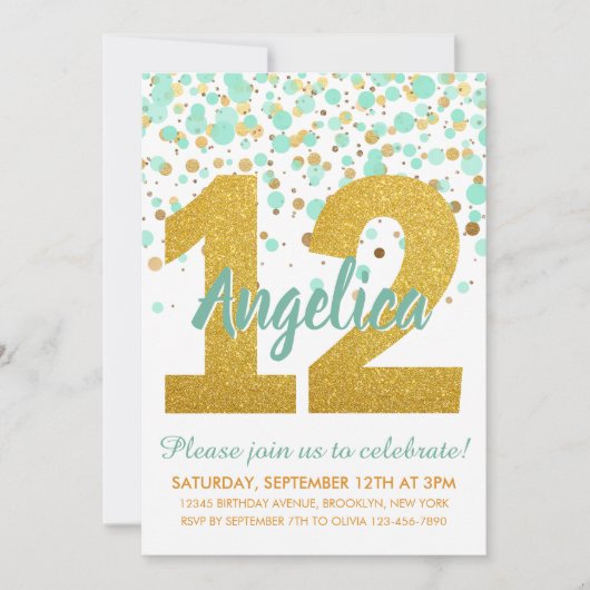 シック12th誕生日ミント金ゴールドグリッター紙吹雪ガール 招待状 (正面)