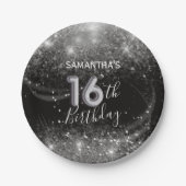 シック16th誕生日シルバーグリッター&ブラック ペーパープレート (正面)