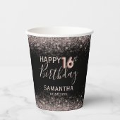 シック16th誕生日ブラック&バラ金ゴールドグリッター 紙コップ (正面)