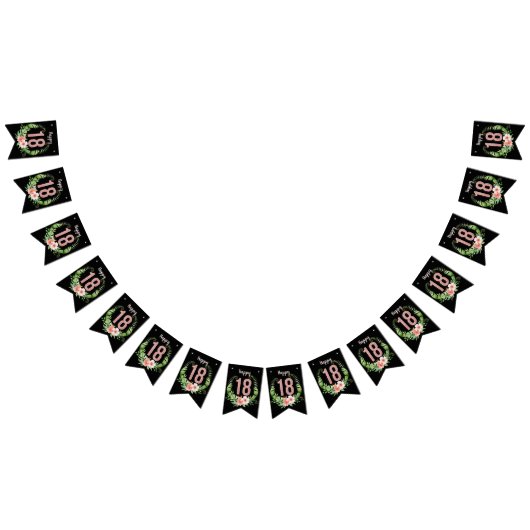 シック18誕生日バラ金ゴールドグリッターブラックフローラ バンティングフラッグ (全)