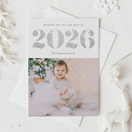 シック2022シルバーグリッターが新年のおめでとうフォトホリ シーズンポストカード