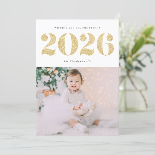 シック2022金ゴールドグリッターハッピーニューイヤー写真 シーズンカード (スタンド正面)