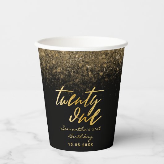 シック21thバースデーブラックアンド金ゴールドグリッター 紙コップ (正面)
